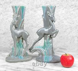 Mid-Century Art Deco Gray Drip Glaze Porcelain Gazelle Vase A Pair