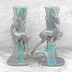 Mid-Century Art Deco Gray Drip Glaze Porcelain Gazelle Vase A Pair