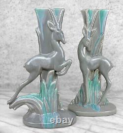 Mid-Century Art Deco Gray Drip Glaze Porcelain Gazelle Vase A Pair