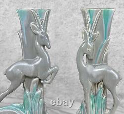 Mid-Century Art Deco Gray Drip Glaze Porcelain Gazelle Vase A Pair