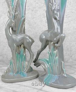 Mid-Century Art Deco Gray Drip Glaze Porcelain Gazelle Vase A Pair