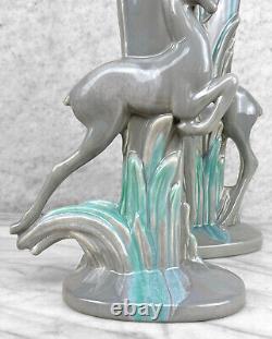 Mid-Century Art Deco Gray Drip Glaze Porcelain Gazelle Vase A Pair