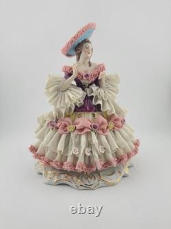Mid Century Authentic Dresden Lace Porcelain Lady Figurine Rococo Dress Handmade