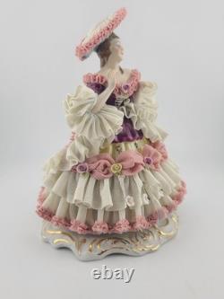 Mid Century Authentic Dresden Lace Porcelain Lady Figurine Rococo Dress Handmade