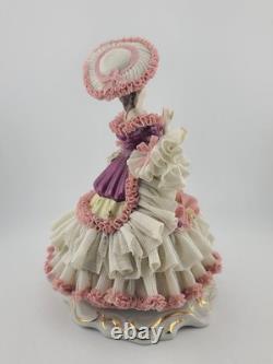 Mid Century Authentic Dresden Lace Porcelain Lady Figurine Rococo Dress Handmade