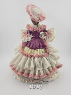 Mid Century Authentic Dresden Lace Porcelain Lady Figurine Rococo Dress Handmade