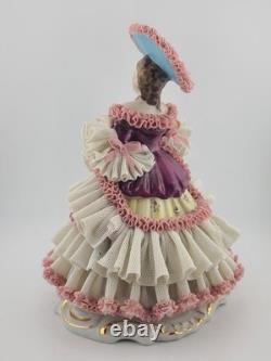 Mid Century Authentic Dresden Lace Porcelain Lady Figurine Rococo Dress Handmade