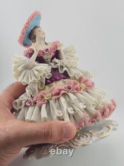 Mid Century Authentic Dresden Lace Porcelain Lady Figurine Rococo Dress Handmade