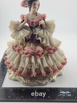 Mid Century Authentic Dresden Lace Porcelain Lady Figurine Rococo Dress Handmade
