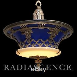 Miller Art Deco Hollywood Regency Glass Porcelain Silver Chandelier Hanging Lamp