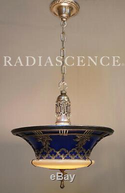 Miller Art Deco Hollywood Regency Glass Porcelain Silver Chandelier Hanging Lamp