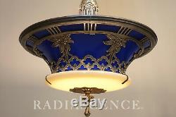 Miller Art Deco Hollywood Regency Glass Porcelain Silver Chandelier Hanging Lamp