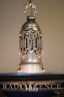 Miller Art Deco Hollywood Regency Glass Porcelain Silver Chandelier Hanging Lamp