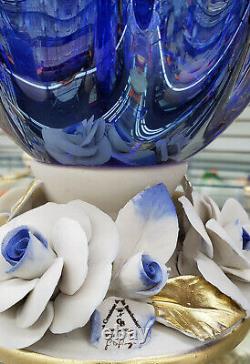 Murano Glass Fruit Bowl Vase Centerpiece & Capodimonte Porcelain Flowers Blue