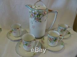 NIPPON Hand Painted White Porcelain Tea SET-Teapot W. 4 Demitasse Cups/Saucers