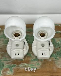 NOS Pair Vtg Art Deco Milk Glass Bathroom Wall Sconces 1920s 1930 1940 Porcelain