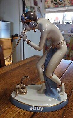 Nearly Nude Porcelain Dancer with a Snake, Royal Dux, Bohemia, 1920s 1930s