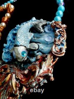 Necklace woman pendant art deco nouveau talisman blue fish pisces luxury jewelry