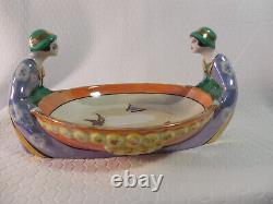 Noritake Art Deco Lady Figural Twins Gemini Lustre Bowl Butterflies Signed