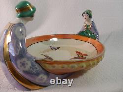 Noritake Art Deco Lady Figural Twins Gemini Lustre Bowl Butterflies Signed