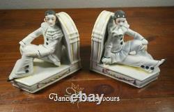 PAIR Antique German Porcelain Pierrot French Art Deco Clown Bookends