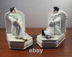 PAIR Antique German Porcelain Pierrot French Art Deco Clown Bookends