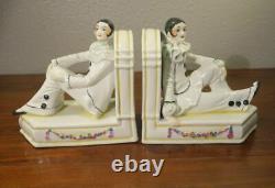 PAIR Antique German Porcelain Pierrot French Art Deco Clown Bookends