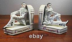 PAIR Antique German Porcelain Pierrot French Art Deco Clown Bookends