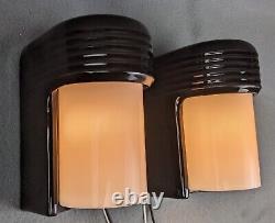 Pair 1930s Art Deco Black Porcelain Sconces, ALABAX by Pass & Seymour, Restored