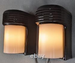 Pair 1930s Art Deco Black Porcelain Sconces, ALABAX by Pass & Seymour, Restored