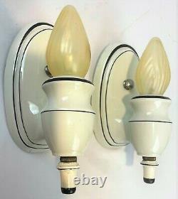 Pair Antique c1930s Black & White Art Deco Porcelain Wall Sconces Restored