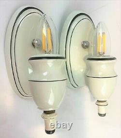 Pair Antique c1930s Black & White Art Deco Porcelain Wall Sconces Restored