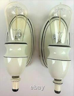 Pair Antique c1930s Black & White Art Deco Porcelain Wall Sconces Restored