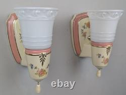 Pair Art Deco-MCM Porcelier Porcelain Sconces, Glass Shades, Very Good, Restored