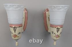 Pair Art Deco-MCM Porcelier Porcelain Sconces, Glass Shades, Very Good, Restored