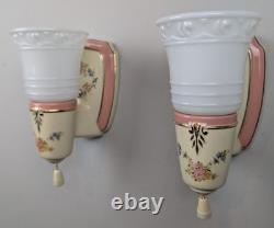 Pair Art Deco-MCM Porcelier Porcelain Sconces, Glass Shades, Very Good, Restored