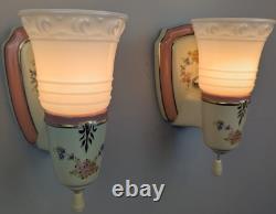 Pair Art Deco-MCM Porcelier Porcelain Sconces, Glass Shades, Very Good, Restored