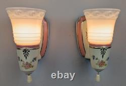 Pair Art Deco-MCM Porcelier Porcelain Sconces, Glass Shades, Very Good, Restored