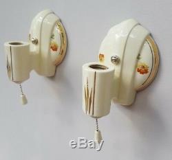 Pair Art Deco Porcelier Porcelain Sconces, Vintage, New Wire, Good Pull Switches