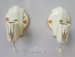 Pair Art Deco Porcelier Porcelain Sconces, Vintage, New Wire, Good Pull Switches