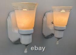 Pair Art Deco White Porcelain Sconces & Glass Shades, Restored & Rewired