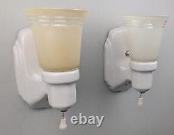 Pair Art Deco White Porcelain Sconces & Glass Shades, Restored & Rewired