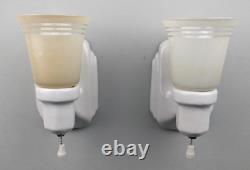 Pair Art Deco White Porcelain Sconces & Glass Shades, Restored & Rewired