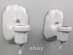 Pair Art Deco White Porcelain Sconces & Glass Shades, Restored & Rewired