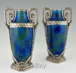 Pair Art Deco blue ceramic and bronze vases Paul Milet for Sevres 1920