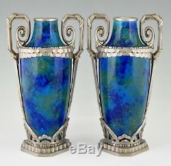 Pair Art Deco blue ceramic and bronze vases Paul Milet for Sevres 1920