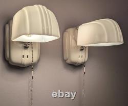 Pair PORCELIER Art Deco, White Porcelain Bath Sconces & Glass Shades, Restored