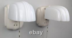 Pair PORCELIER Art Deco, White Porcelain Bath Sconces & Glass Shades, Restored