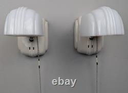 Pair PORCELIER Art Deco, White Porcelain Bath Sconces & Glass Shades, Restored