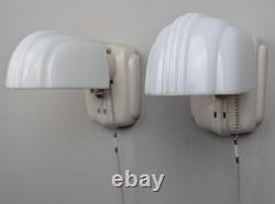 Pair PORCELIER Art Deco, White Porcelain Bath Sconces & Glass Shades, Restored